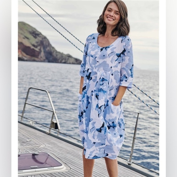 Woolovers Dresses & Skirts - WoolOvers Womens Linen Tunic Dress Blue White Lagenlook Print Pockets Size 10